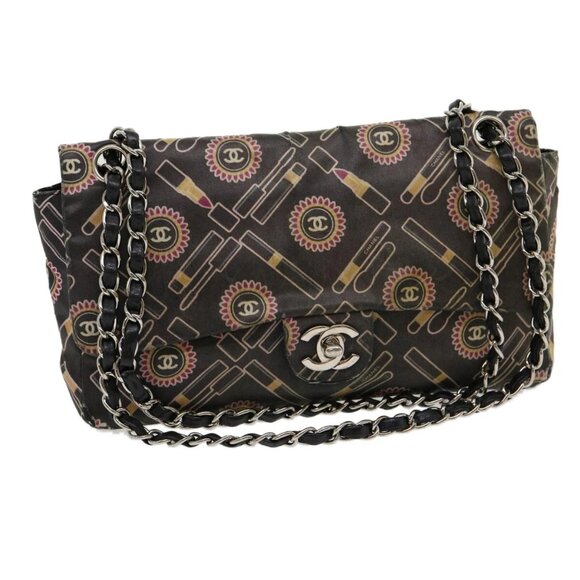 CHANEL Lip Chain Turn Lock Shoulder Bag Satin Black CC Auth 30892 - Picture 1 of 16